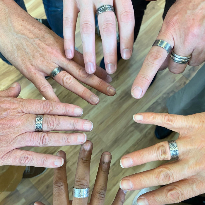 Student rings from Intro to Metalsmithing